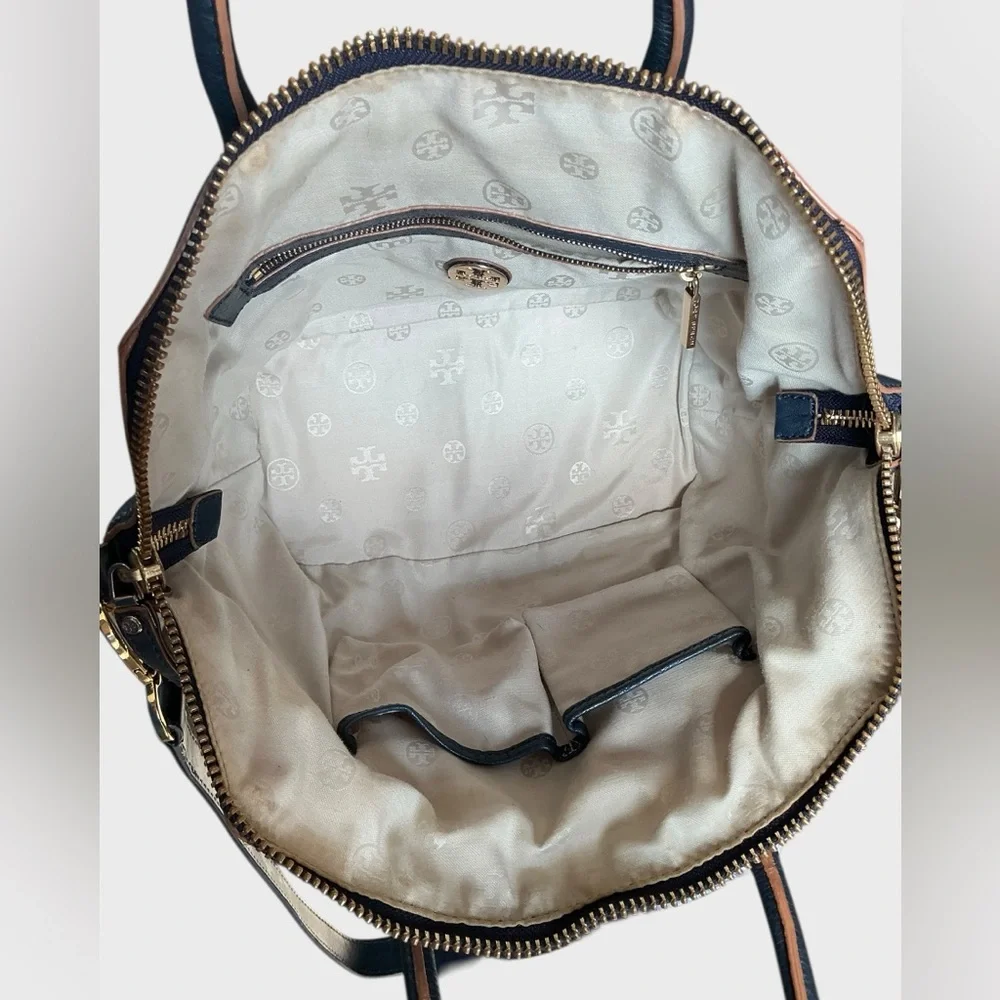 Tory Burch Clara Leather Satchel Navy Tan Trim Shoulder Strap